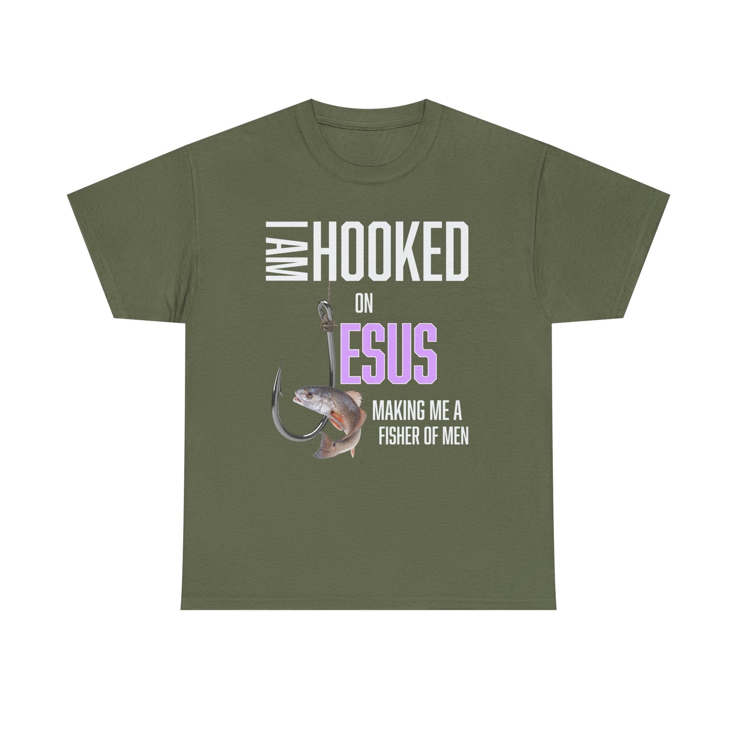 I Am Hooked On Jesus Unisex Heavy Cotton Tee - Hooked on Jesus, Fisher of Men Shirt, Christian Apparel, Faith-Based Gift, Church Event T-Shirt, Fishing Love Tee